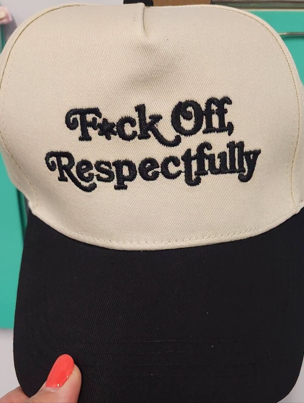 Black and Cream 'Respectfully' Embroidered Baseball Cap